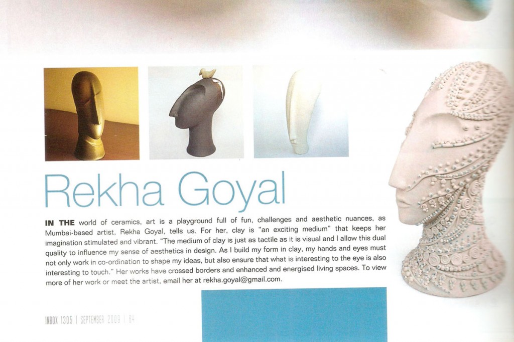 Artist Rekha Goyal's Ceramic Sculpture featured in lifestyle magazine Inbox 1305