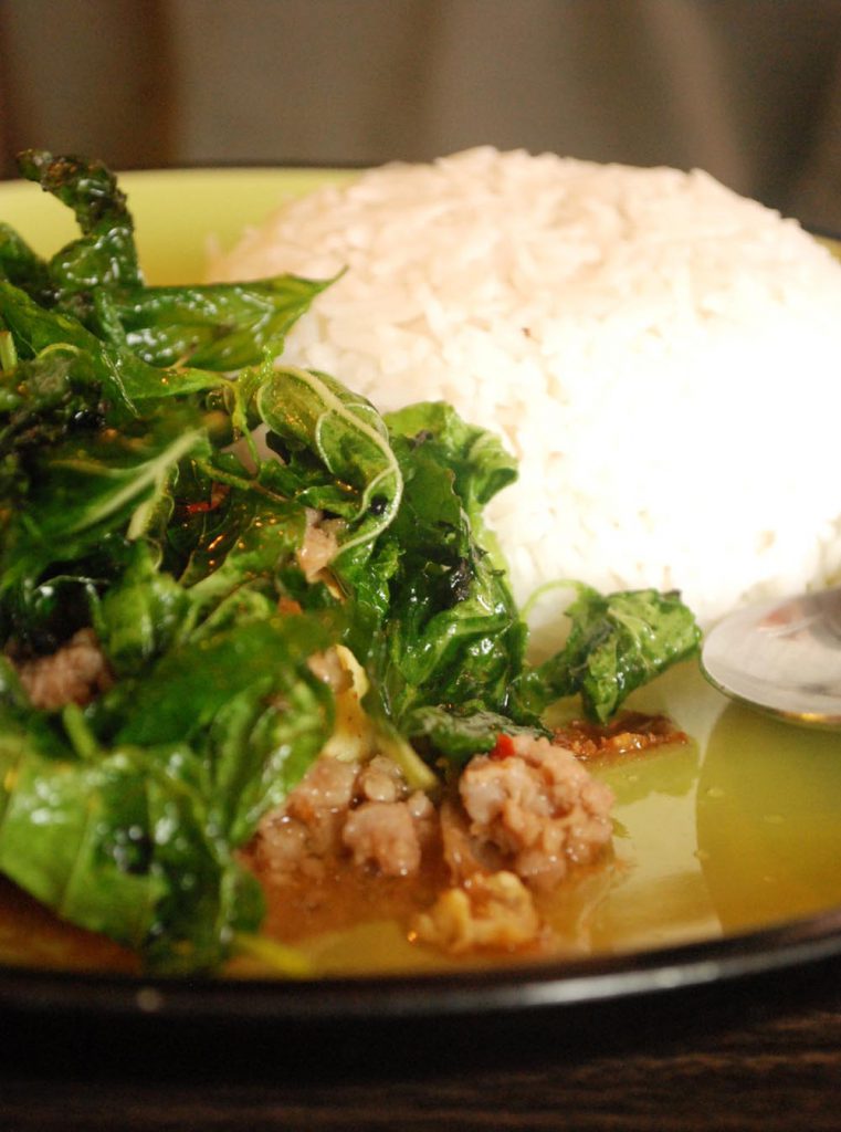 Thai food: Pork with fried basil leaves and steamed rice