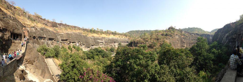 A panoramic view of the Ajanta caves near Aurangabad, India
